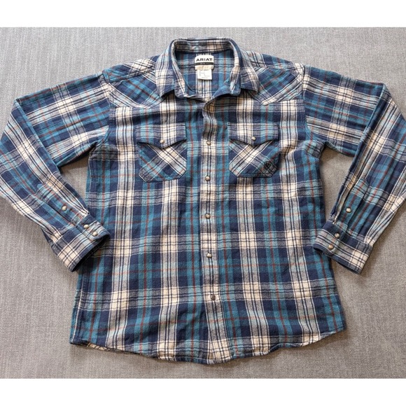 Ariat Other - Ariat Retro Fit Mens Large Blue Plaid Western Pearl Snap Flannel Shirt M3 31